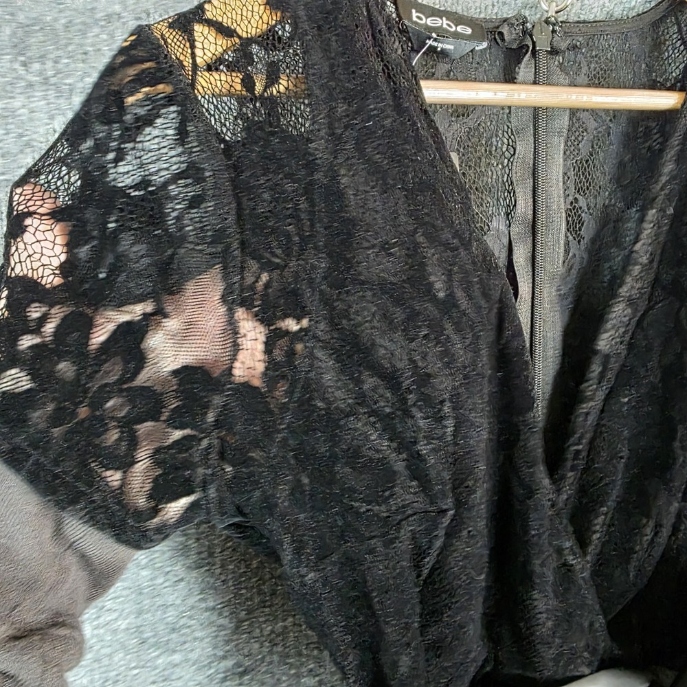 NEW Bebe Romper Sz 6 Black Velvet Lace Sheer Witchy Goth Dark Fairy Party Outfit - Picture 6 of 11